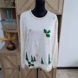 Christmas Knit Sweater XXL Off White Embroidery Beads Felt Trees Off White